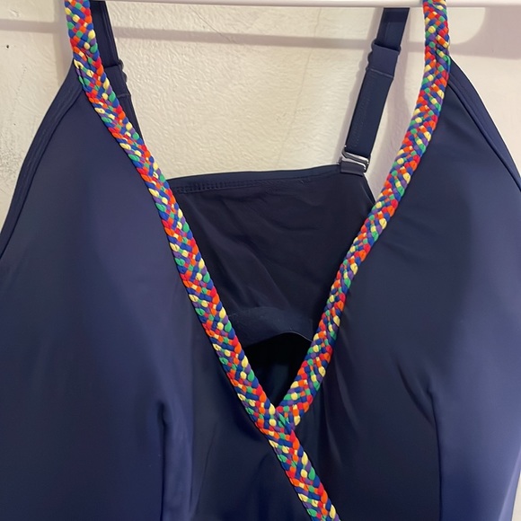 Swim by Cacique Lane Bryant navy ruffle swim top weaved rainbow trim - Picture 2 of 5